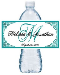 100 TEAL MONOGRAM WEDDING FAVORS WATER BOTTLE LABELS Waterproof Ink