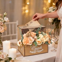 Brown Rustic Wooden Wedding Gift Card Box Money Holder With Flower Trough