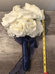 Artificial Bridal Bouquet – White Peony with Sparkles & Navy Blue Ribbon Handle