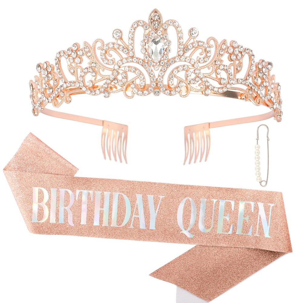 CAVETEE Rose Gold Birthday Crown and Sash for Queen – Women’s