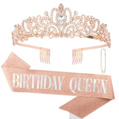 CAVETEE Rose Gold Birthday Crown and Sash for Queen – Women’s