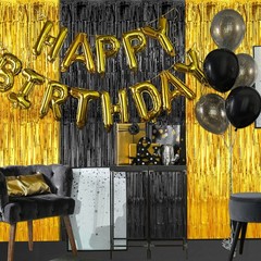2.6×30 Feet Black Carpet Runner Aisle with Tinsel Tassel Curtains Set