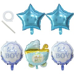 5 BLUE Round Carriage Stars Baby Shower Mylar Foil BALLOONS Set Party Events