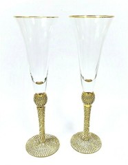 SET OF 2 GOLD RIM,SPARKLING CRYSTALS STEM,BASE CHAMPAGNE,FLUTE GLASS,HAND MADE