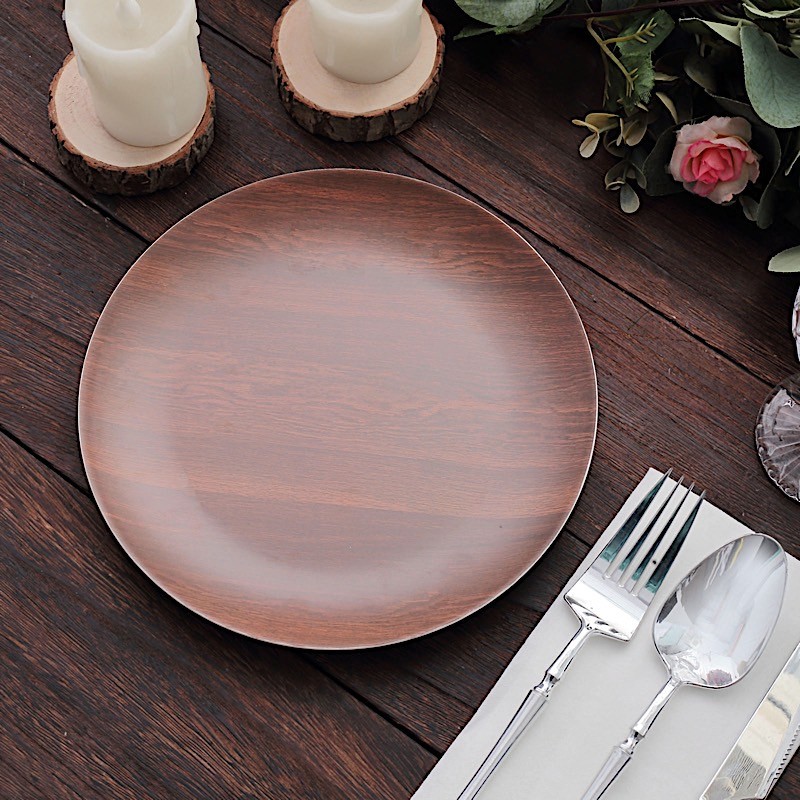 6 BROWN 8″ Round Wood Grain Design Heavy Duty Plastic PLATES Party Decorations
