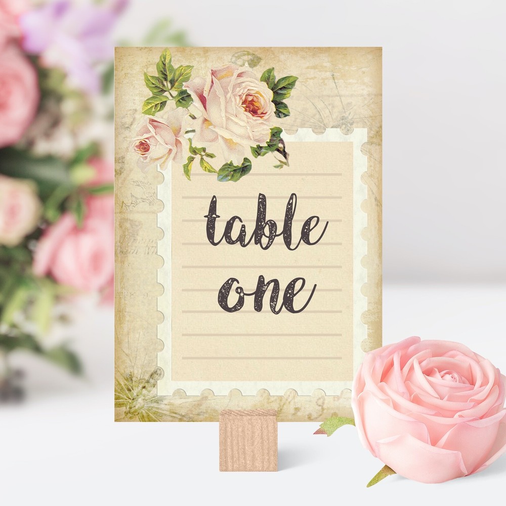 ~VINTAGE STYLE WEDDING TABLE NUMBER CARDS ~ ROSE SHABBY CHIC STAMP POSTCARD