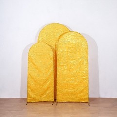3 GOLD Metallic Tinsel Round Top Arch Polyester STAND COVERS Set Party Events
