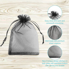 100PCS 4X6 (10X15Cm) Sheer Drawstring Gift Bags, Black Organza Weddi