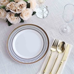 10 WHITE 9″ Round Plastic Salad PLATES NAVY BLUE Chord Rim Party Decorations