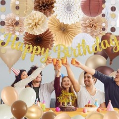 Boho Brown White Birthday Decorations – 62pcs Happy White Brown Champagne