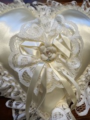 Ring Bearer Pillow Heart Lace Satin Ribbon Ceramic Flower Floral w/ Box