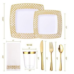 175 Ct Gold Dinnerware Set for 25 Guests – Square Gold Diamond Rim Plates
