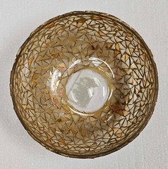 Compote Bowl Vase Mosaic Amber Color Triangle Glass Chips 6″Dia 2.5″High Set/2