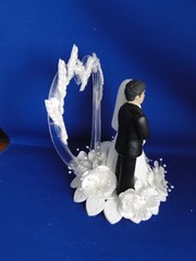 New Vintage Medium Dark Skin Bride & Groom heart Wedding CakeTop, #324