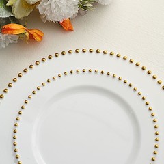 WHITE GOLD 10 Round 10″ Plastic Salad PLATES Beaded Rim Party Events Decorations