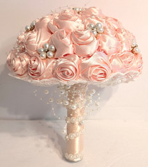 Aftificial Rose Ribbon Flowers Stunning Pearls Beaded Bridal Bouquet