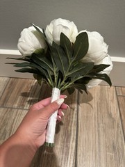 Artificial White Peony Wedding Flower Bouquet with Green Leaves, Wrapped Handle