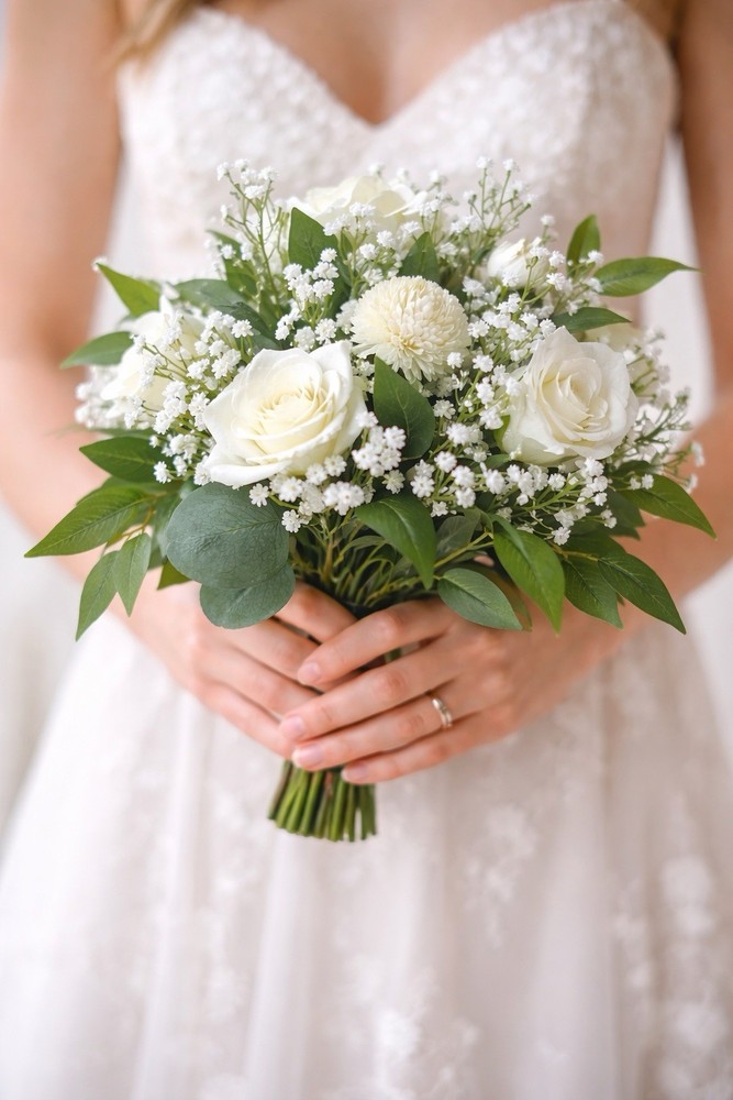 White Artificial Bridal Bouquet Roses Baby’s Breath Eucalyptus Wedding Florals