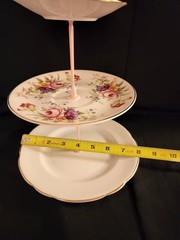 3 Tiered Tray Floral Roses on White Mismatched Pattern Gold Trim Pink Handle