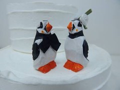 Puffin Cake Top Bride Groom Love Bird Winter Wedding Engage Carve Wood Statue