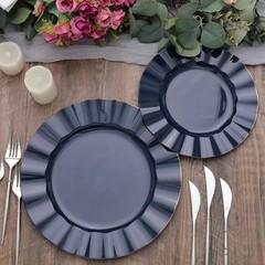 10 NAVY BLUE 9″ Round PLASTIC Salad Dinner PLATES Gold Wavy Rim Wedding Party