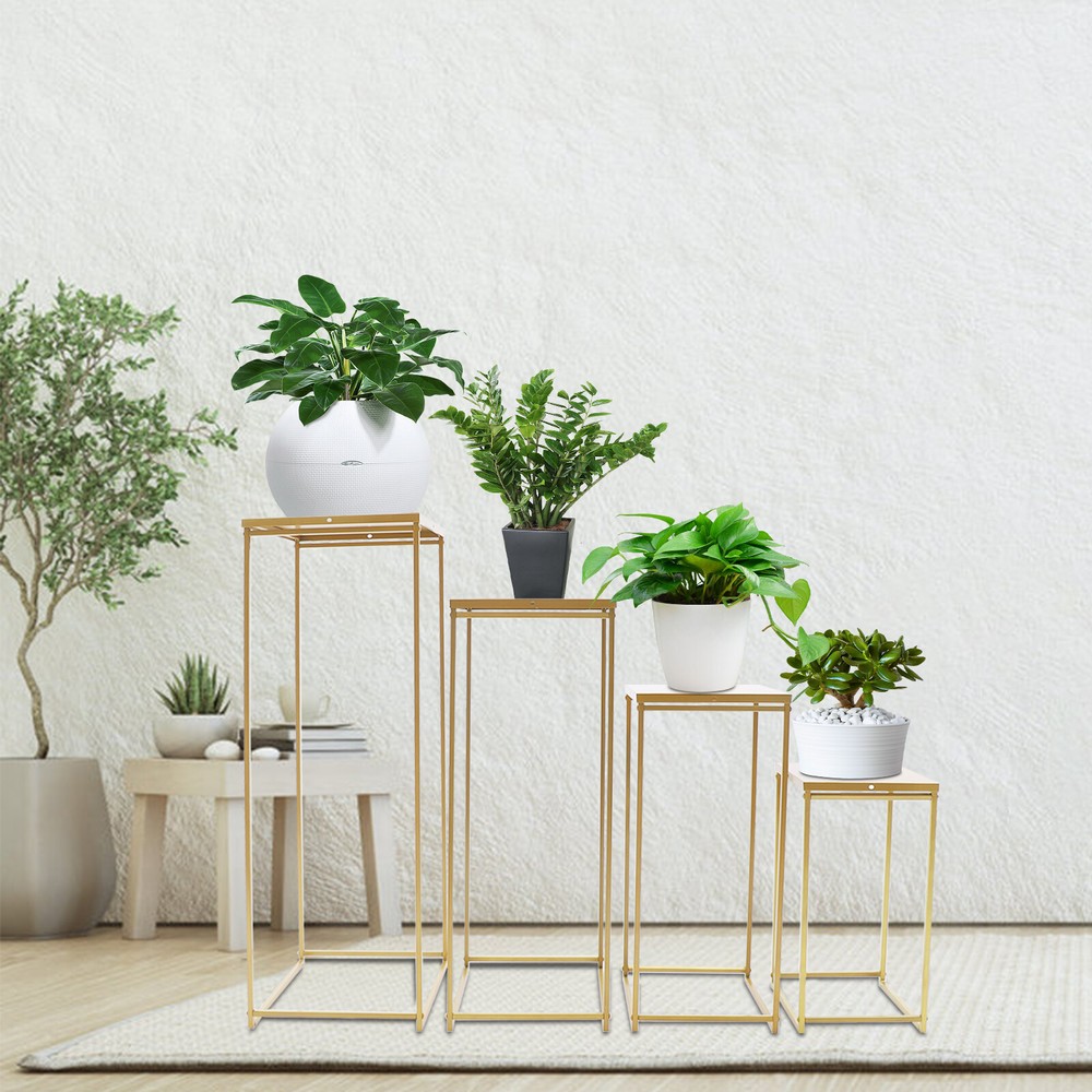 4PCS Wedding Flower Floor Stands Set Gold Column Cube Shape Metal Flower Stand