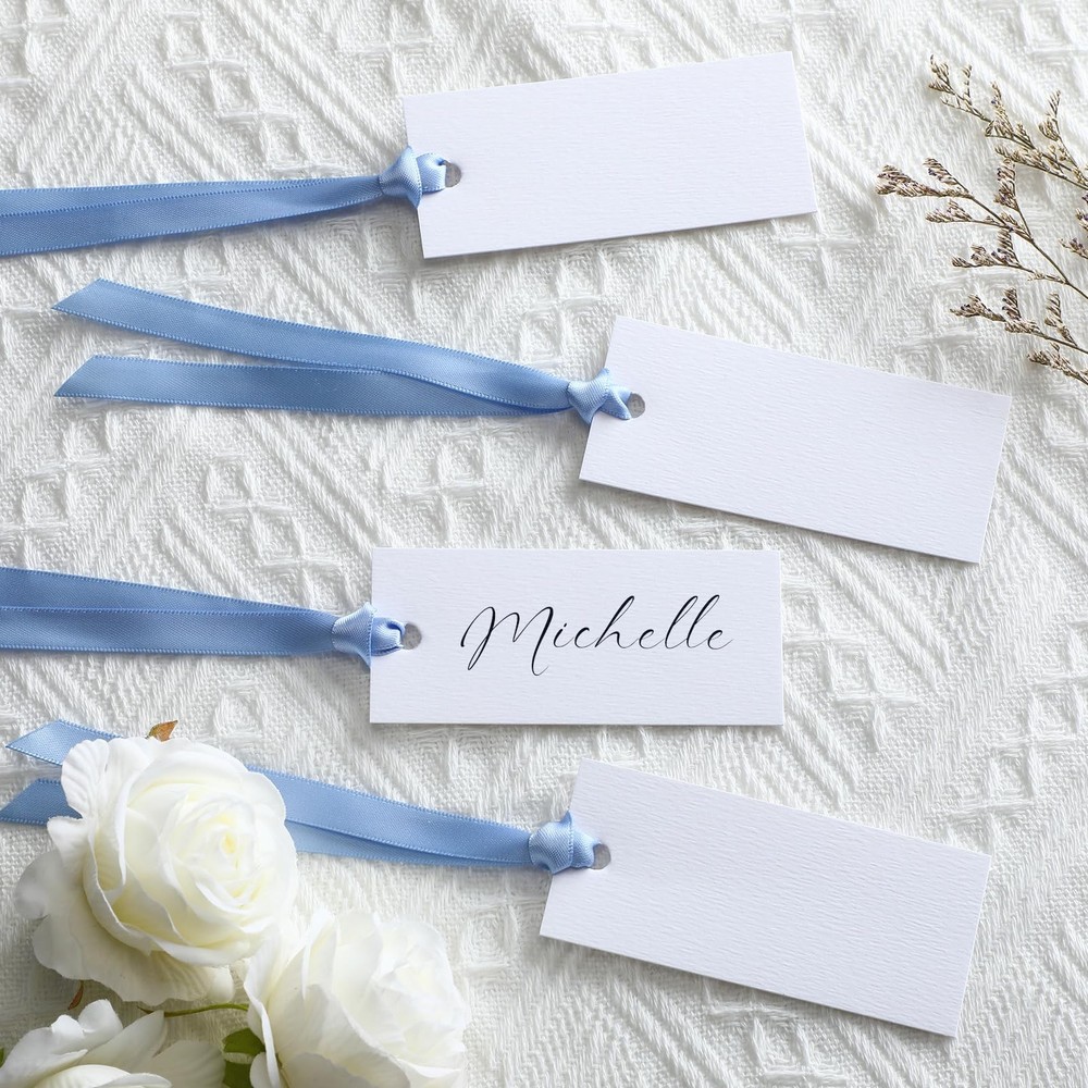 50 PCS Blank Name Place Cards Blue Satin Ribbon Wedding Banquet 1.57×3.54 In