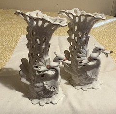 Table Centerpieces White Porcelain Swan Vase Planters Pierced Reticulate Design