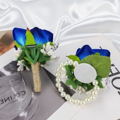 2Pcs Blue Corsage and Boutonniere Set,Corsage Wristlet for Prom Decor,
