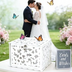 White Butterfly Card Box with Lock & Slot, Elegant Wedding Card Boxes for