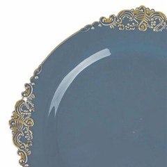 10 DUSTY BLUE GOLD 8″ Round Plastic Salad Dinner PLATES Embossed Baroque Rim