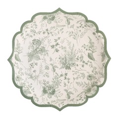 25 WHITE SAGE GREEN 10″ Floral Leaf Print Paper PLATES Scalloped Rim Party Event