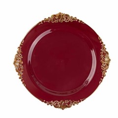 10 BURGUNDY GOLD 8″ Round Plastic Salad Dinner PLATES Embossed Baroque Rim Party