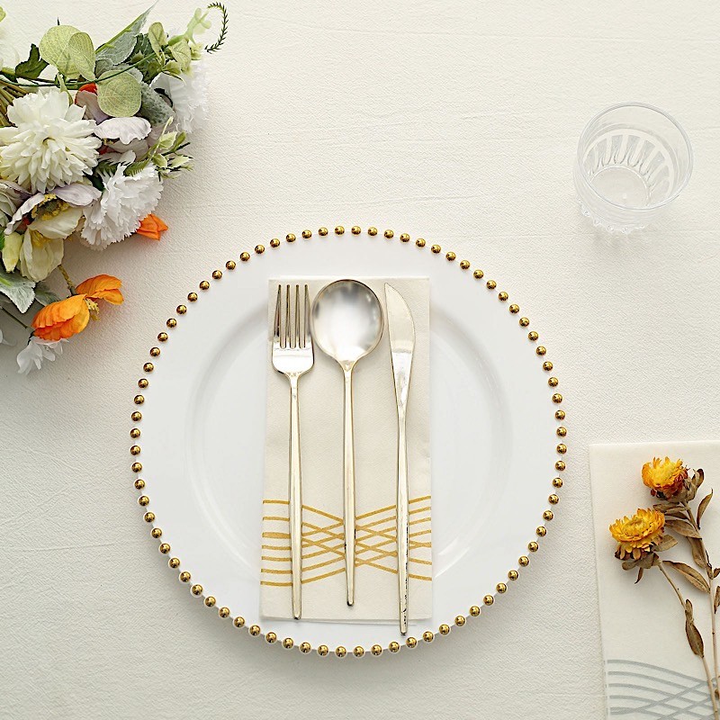 WHITE GOLD 10 Round 10″ Plastic Salad PLATES Beaded Rim Party Events Decorations