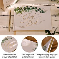 Gold Foil Greenery Wedding Guest Book 7 x 9 inches | Pen & Table Sign | Resgi…