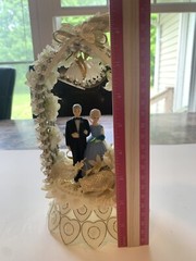 Vintage 1950s Wedding Anniversary Cake Topper Couple in Arch Bells Blue Dress