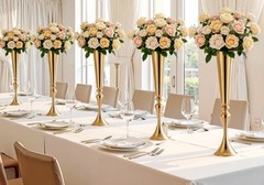 Set Of 2 Wedding Flower Vase 22 inch Tall Trumpet Table Top Gold Centerpieces