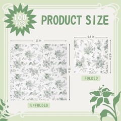 100Pcs Floral Beverage Napkins Sage Green White Disposable Paper Napkins