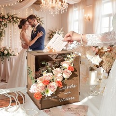 Brown Wooden Wedding Card Box Wave Flower Trough Reception Money Gift Boxes
