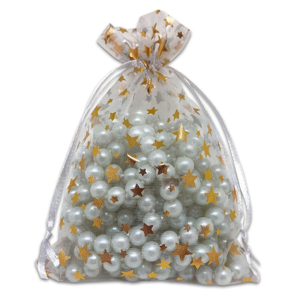 100-Pack 4×6 Sheer Organza Drawstring Gift Bags (Medium) – Metallic Stars (Wh…